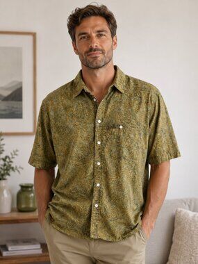 NASH Men's XL Green Abstract Button-Up Shirt Short Sleeve Casual Pocket Shirt